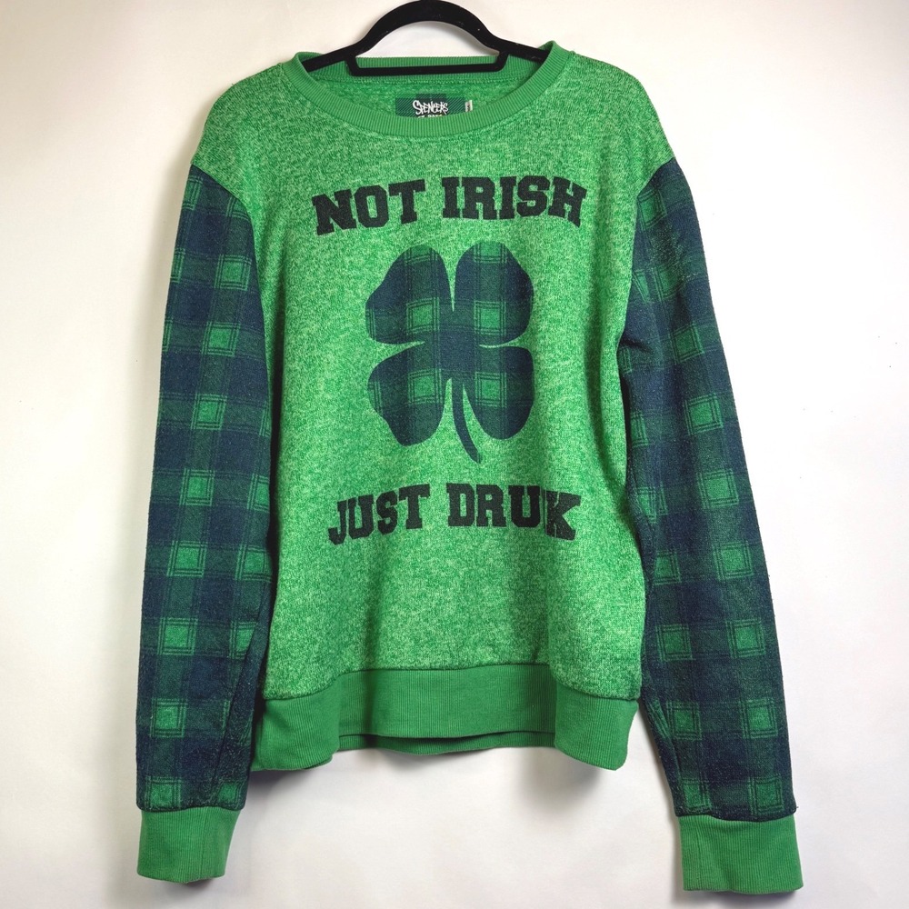 Spencers Not Irish Just Drunk St Patricks Day Sweatshirt Green Plaid Large